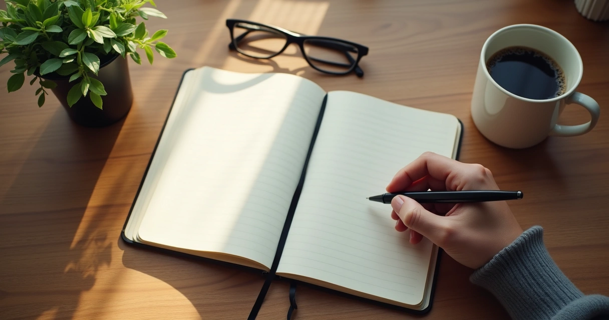 Notebook and pen on desk with coffee and plant nearby