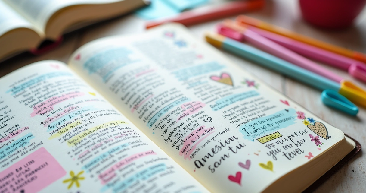 Detalhe de journaling bíblico com escritos e marcadores coloridos 