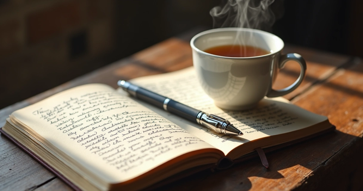 Caderno aberto com caneca ao lado em mesa de madeira, diário de sentimentos 