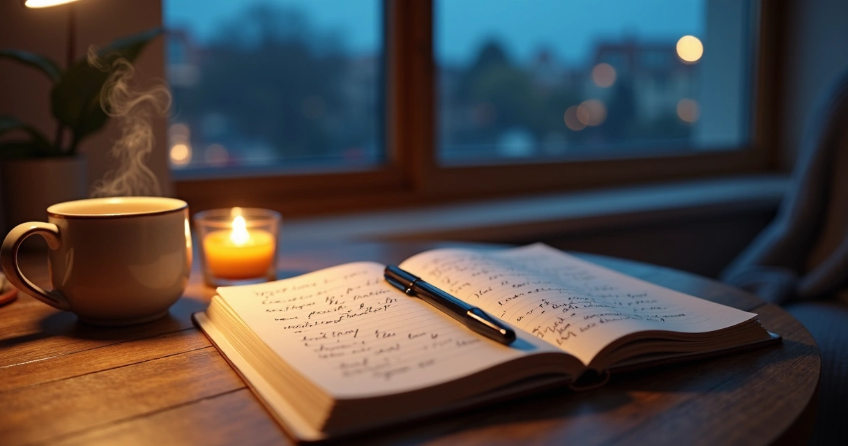 Caderno de journaling emocional aberto em mesa com vela acesa e caneta 