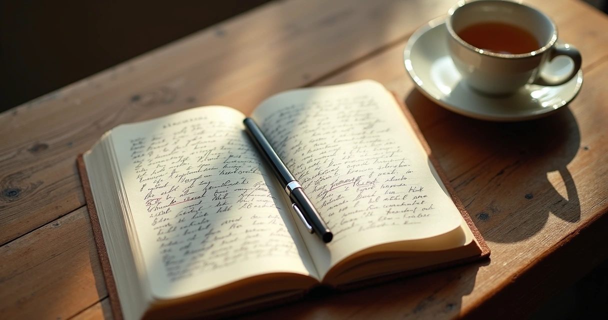 Journal open on a wooden table with handwritten notes and a pen 
