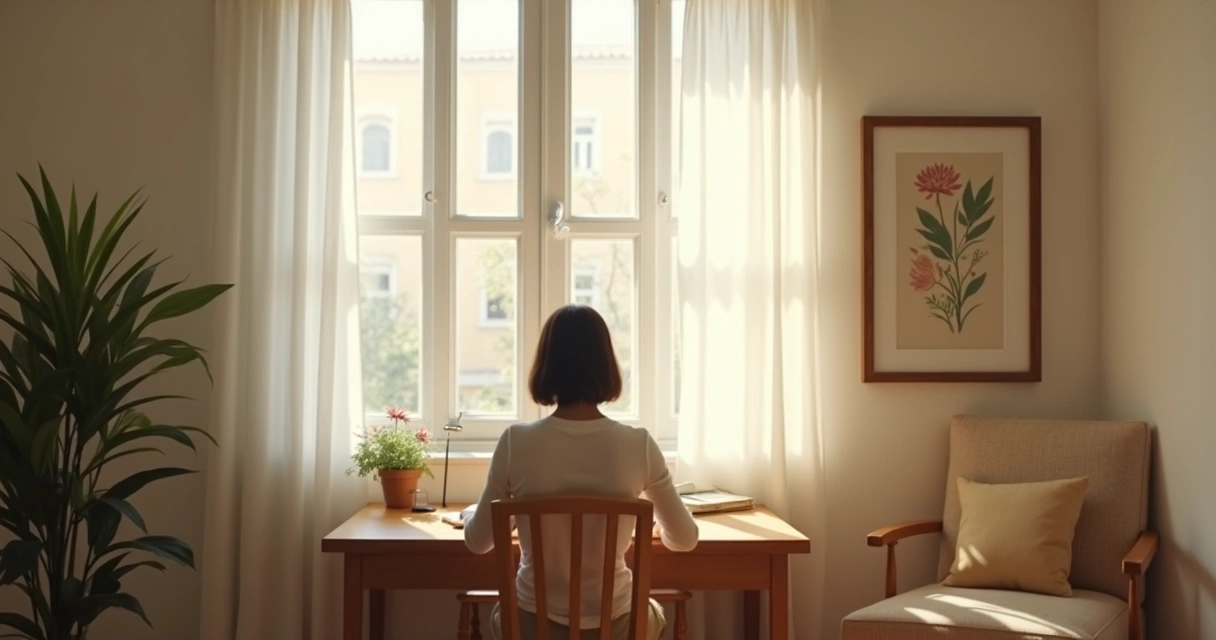 Person journaling quietly in a calm room with sunlight through the window 