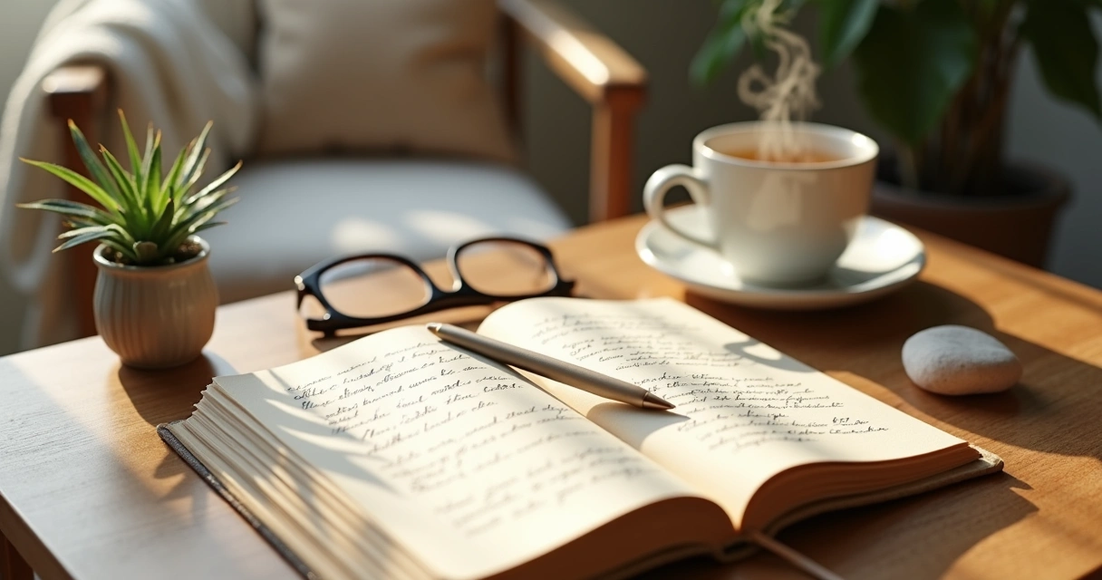 Open journal on a wooden desk with soft light and calming elements 