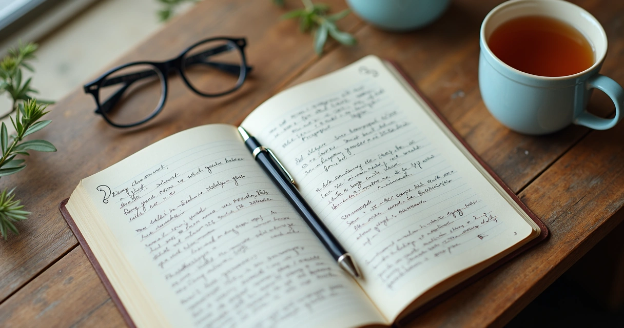 Open journal beside tea and glasses on a wooden desk 