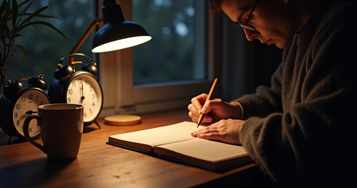 Pessoa escrevendo à mão em um caderno sobre uma mesa de madeira, com uma luz suave, um relógio ao lado, ambiente noturno e silencioso.