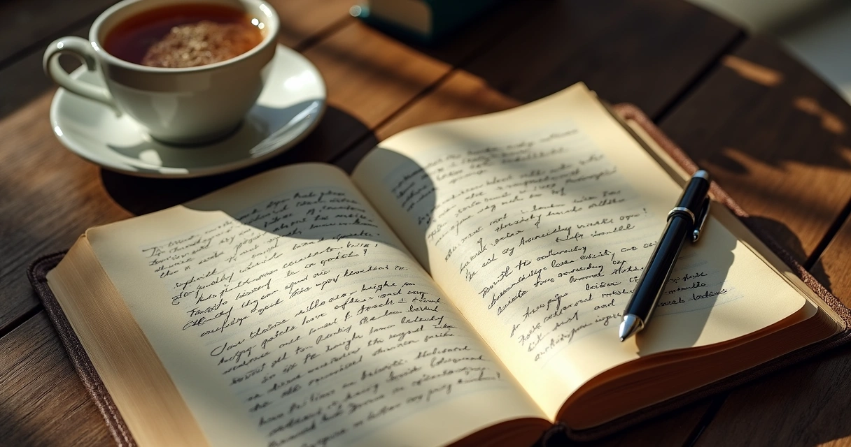 Open journal on a table with a pen and a cup of tea