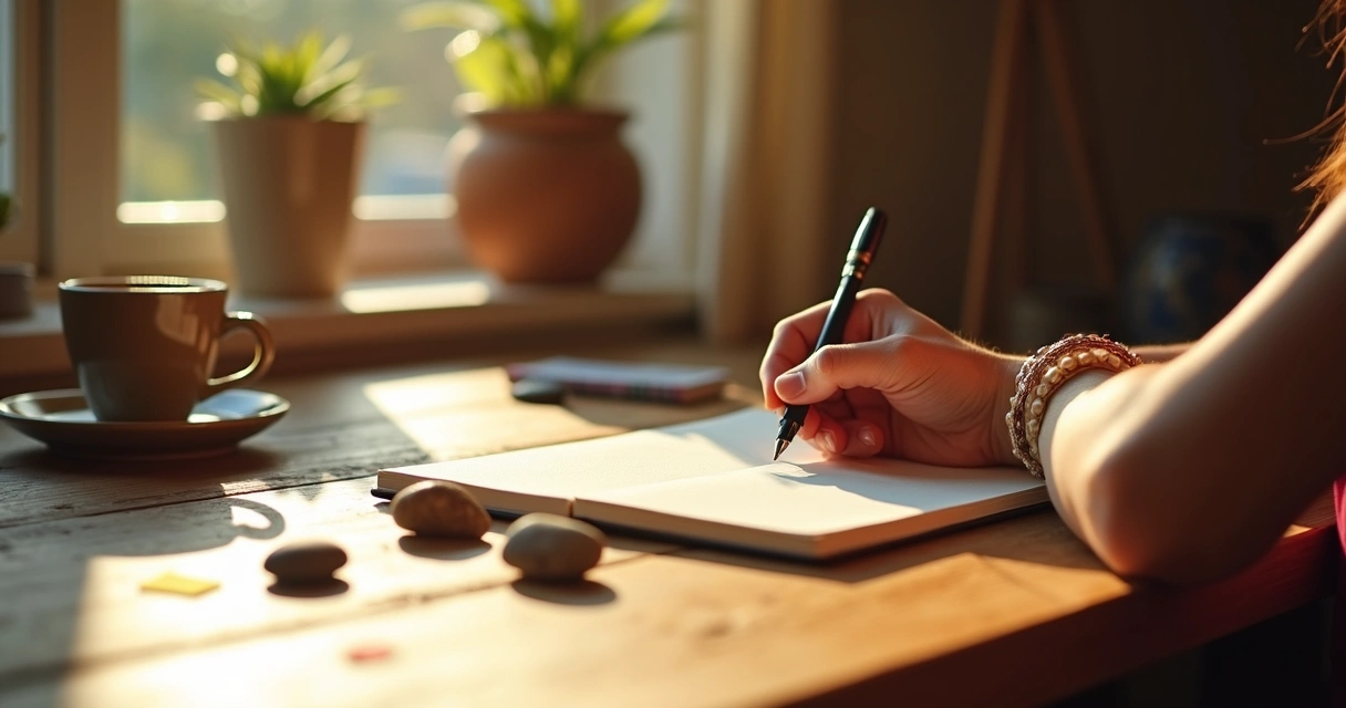 Person journaling at a wooden desk with warm sunlight, reflecting thoughtfully 