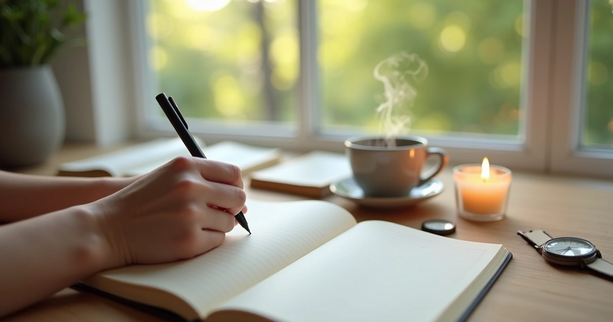 Pessoa escrevendo em caderno de journaling ao lado de xícara de chá e vela acesa 