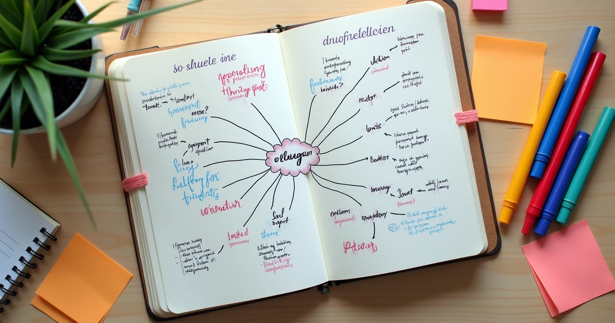 Mind map created with pen in open notebook among colored markers