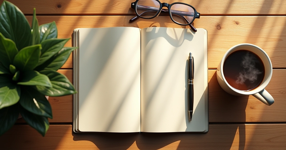 Morning desk with journal, pen, coffee, and sunlight 