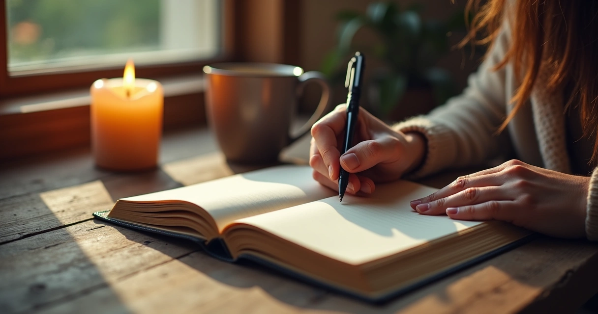 Journaling with candle and mug on table 