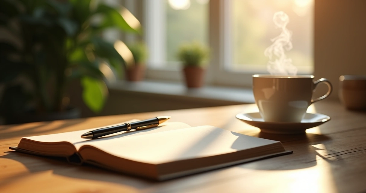 Open journal on a desk with pen and cup of herbal tea beside a window 