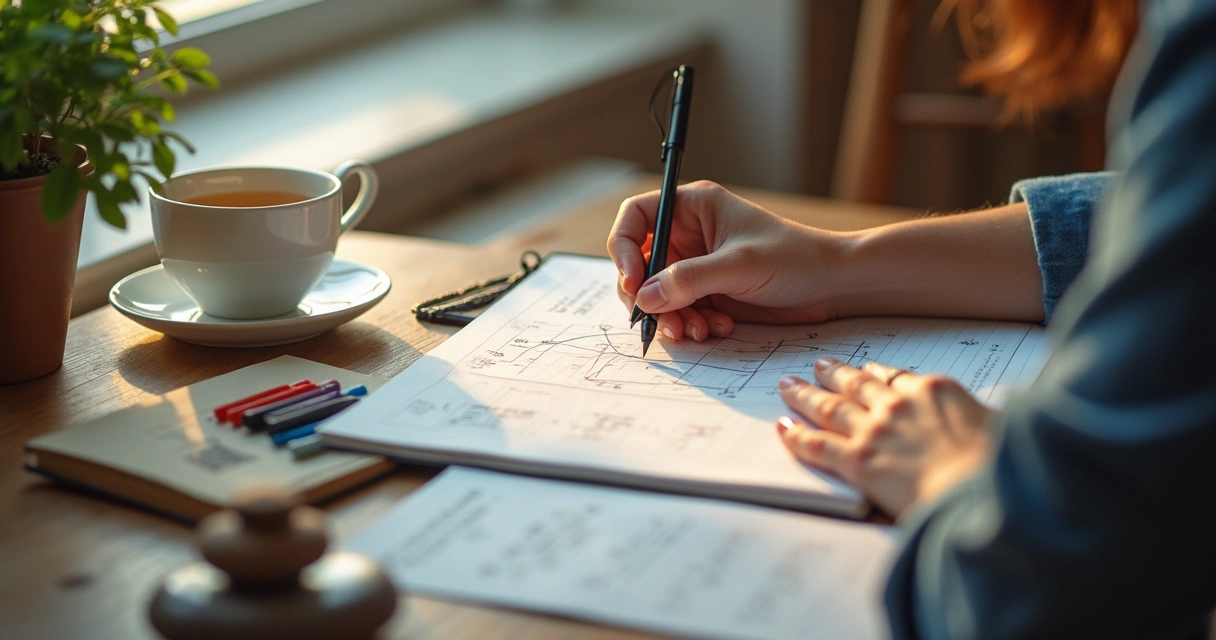 Person journaling beside mindfulness tools and diagrams 
