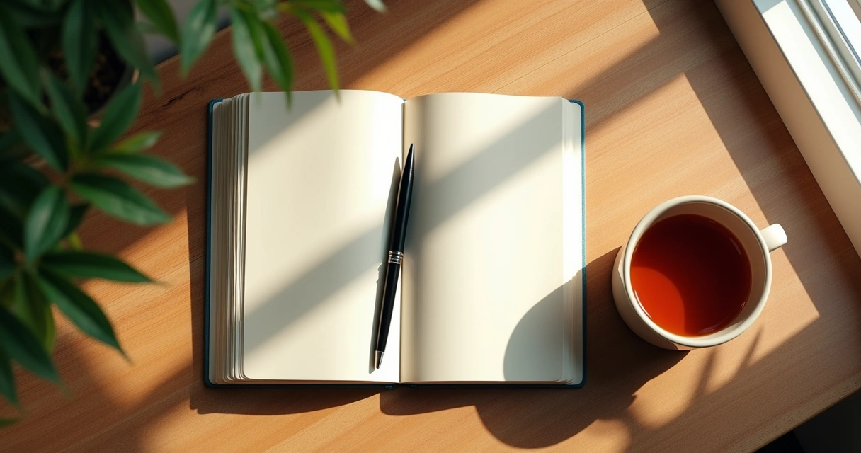 A journal, pen, and a cup of tea on a wooden table surrounded by sunlight 