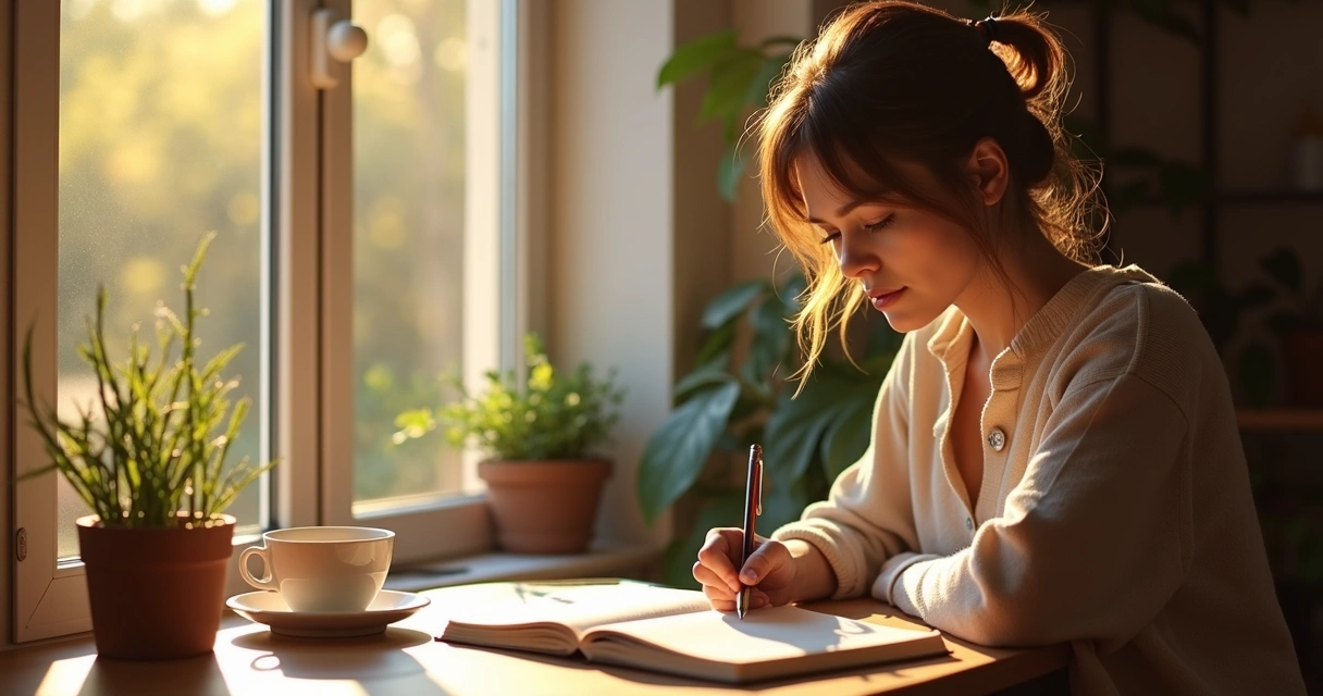 Person journaling in a notebook by a sunny window, with plants and a coffee cup nearby 