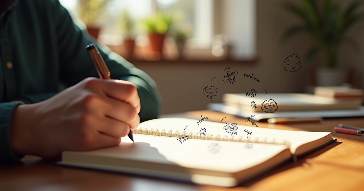 Person journaling at a desk, writing in a notebook