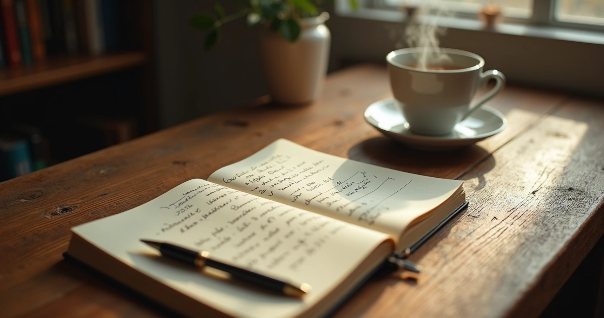 Mesa de madeira com caderno aberto, caneta e xícara de chá ao lado. 