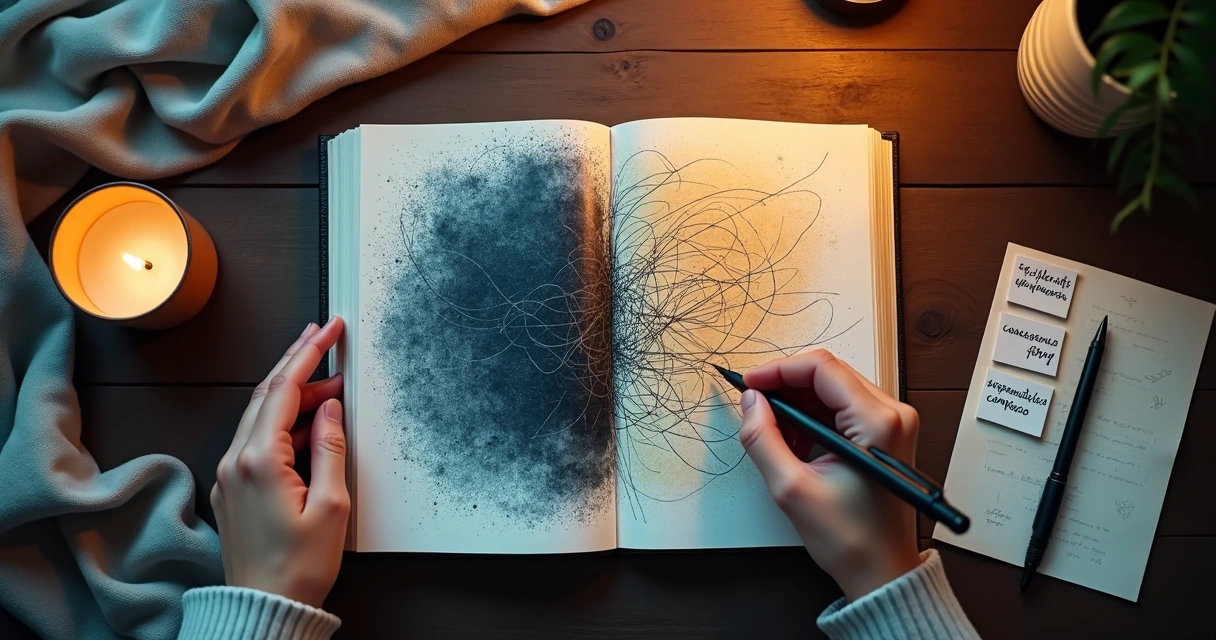 Pessoa escrevendo em caderno aberto com duas metades contrastantes e cores se integrando 