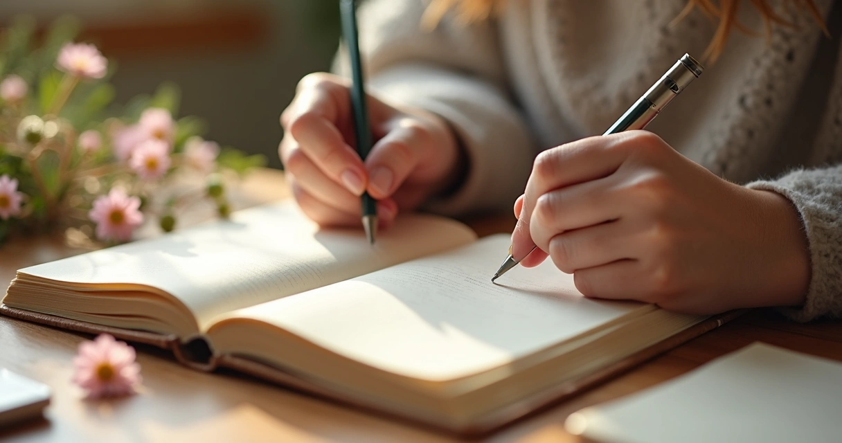 Mãos escrevendo em diário com caneta, flores ao redor e luz suave