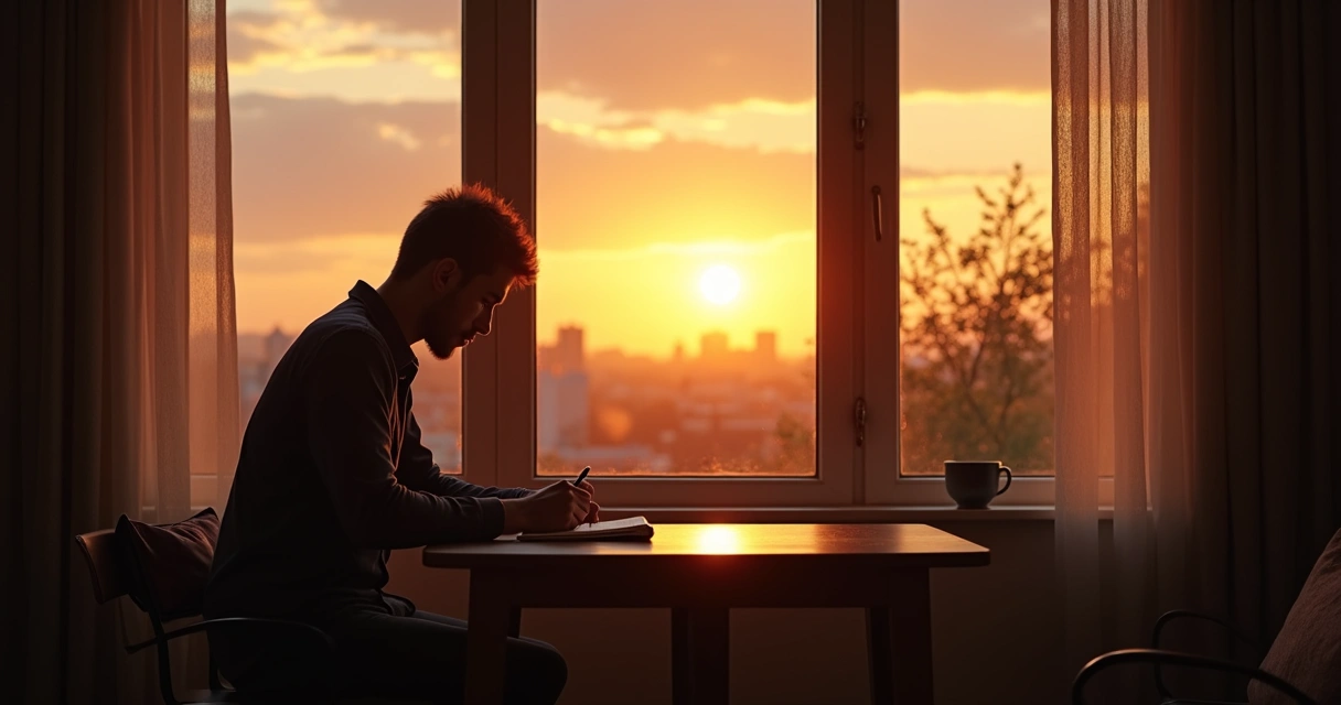 Pessoa refletindo diante de janela com pôr do sol enquanto escreve 