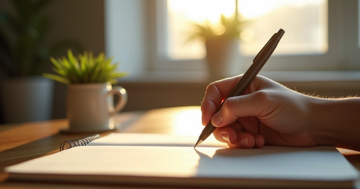 Person writing in a journal next to a window 