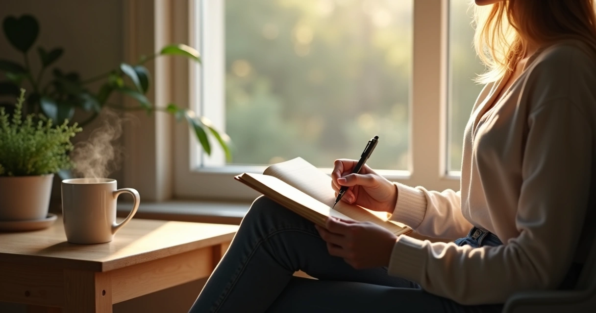 Person holding a journal and pen, seated in soft morning light by a window 