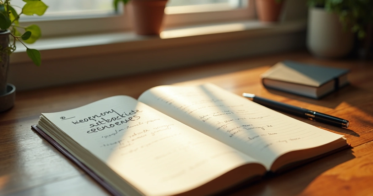 Open notebook on a wooden desk, handwritten notes about learning from failure, pen nearby, soft natural light. 
