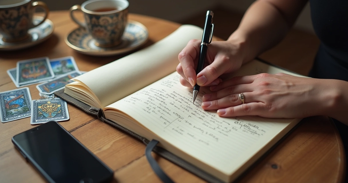 Person writing tarot notes in a notebook with cards on the table