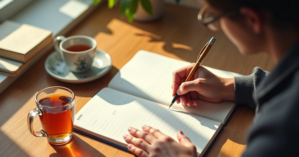 Person writing in a journal with thoughtful expression 