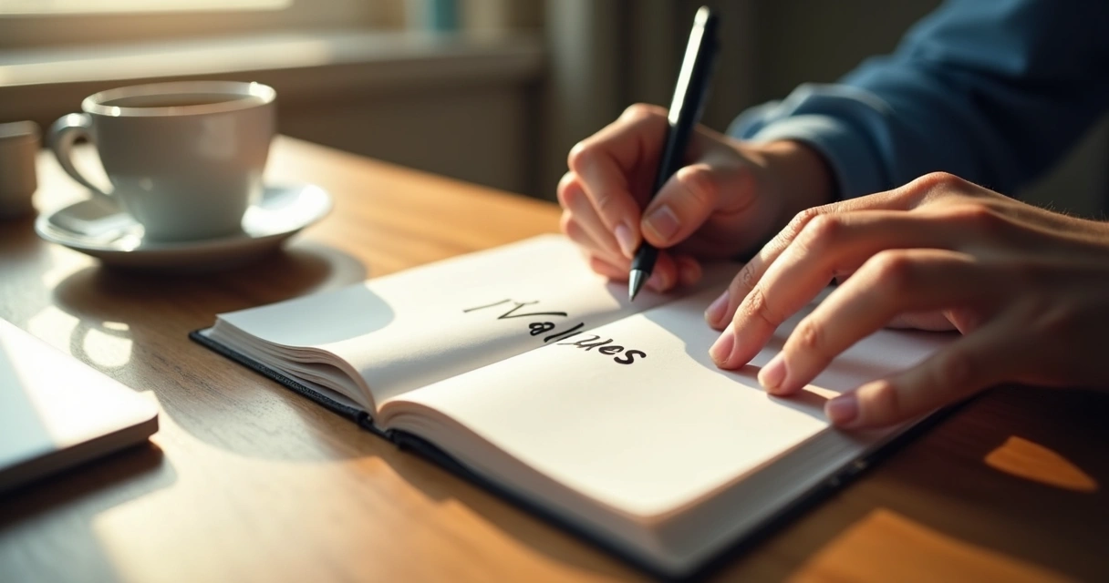 Person journaling values at desk with open notebook 