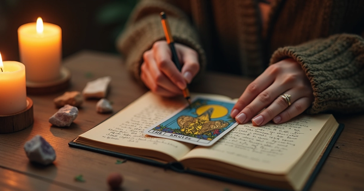 Spiritual practitioner journaling about The Lovers tarot card by candlelight. 