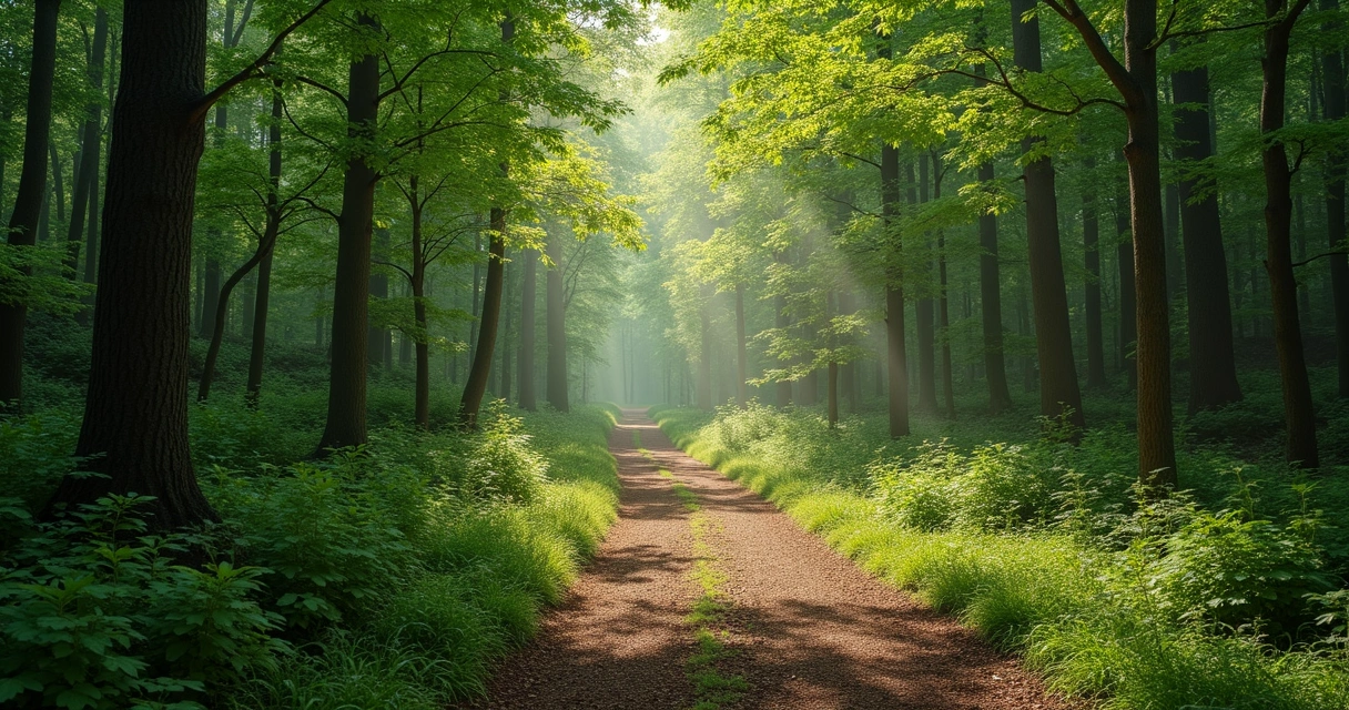 Winding path in lush green nature, soft afternoon light 