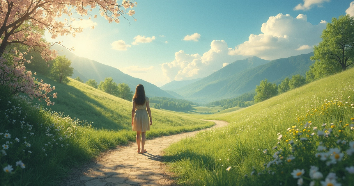 A winding path through a peaceful landscape symbolizing personal growth, with sunlight and blossoms on one side, while murky clouds and barriers appear on the other, showing struggle. 