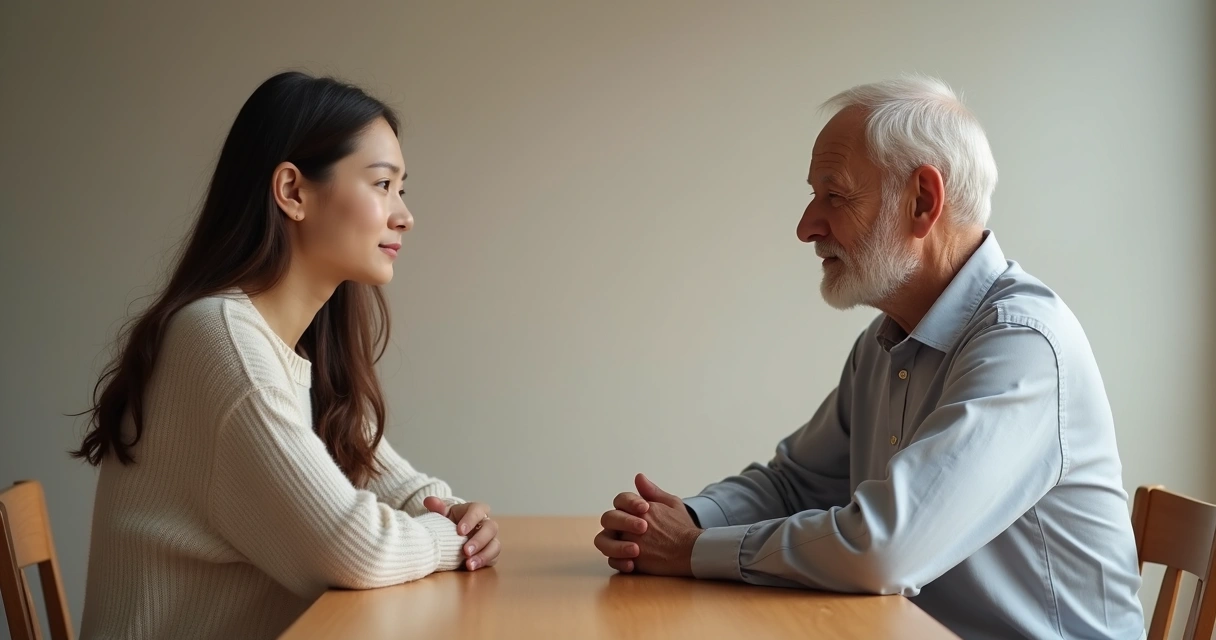 Jovem e adulto de frente um para o outro, ambos pensativos e serenos