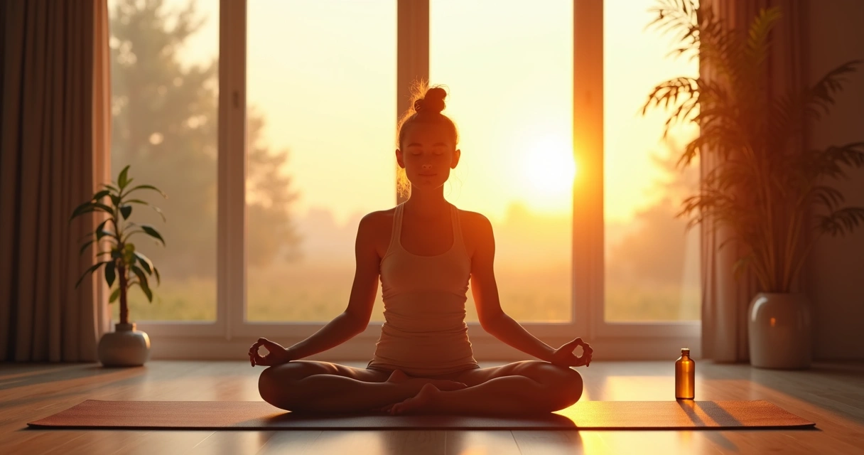 Pessoa se alongando em tapete de yoga ao amanhecer. 