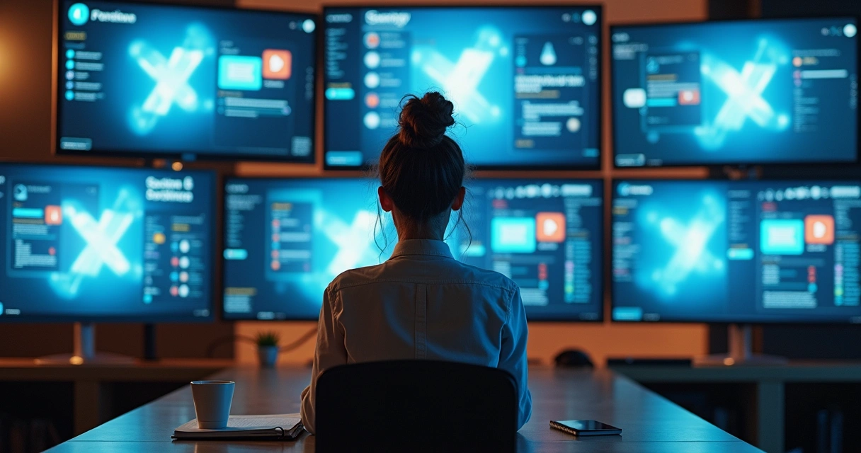 Mulher olhando várias telas de redes sociais digitalizadas à frente 