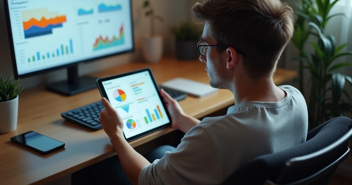 Jovem sentado, analisando gráficos em tablet sobre campanha digital 