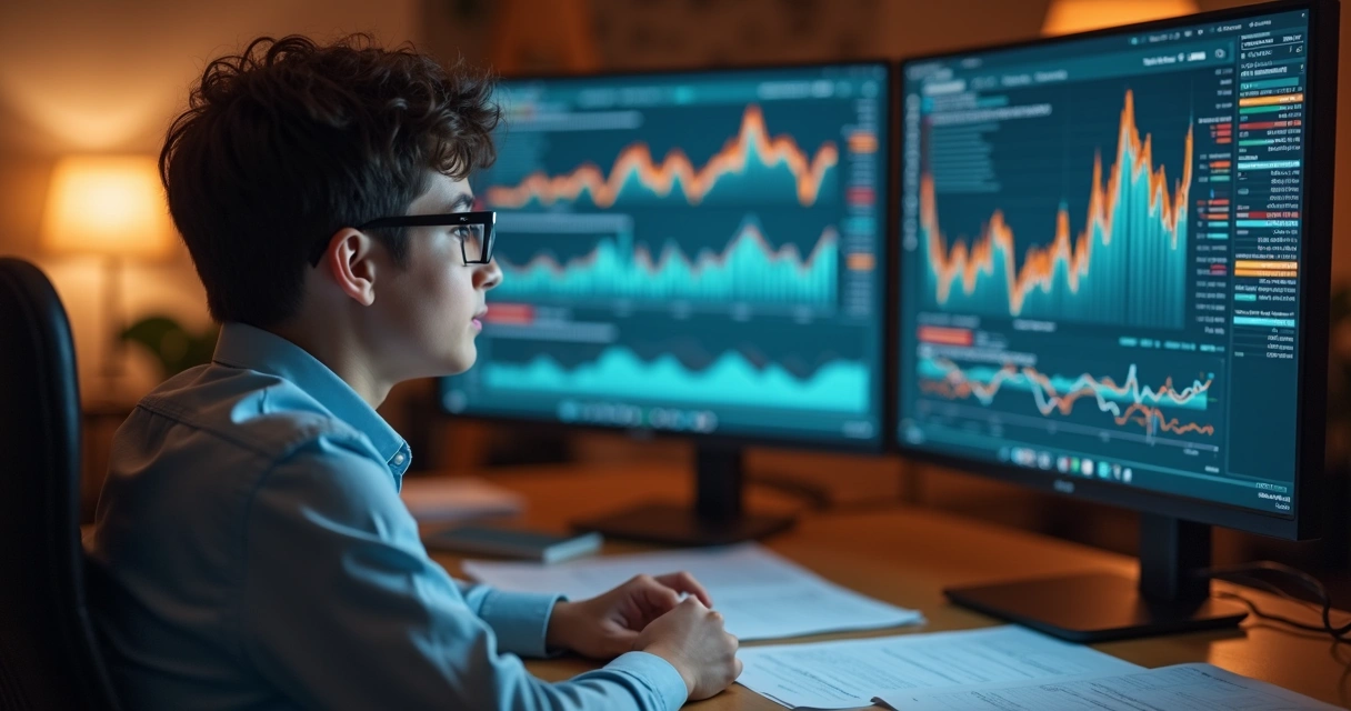 Jovem analisando gráficos na tela do computador