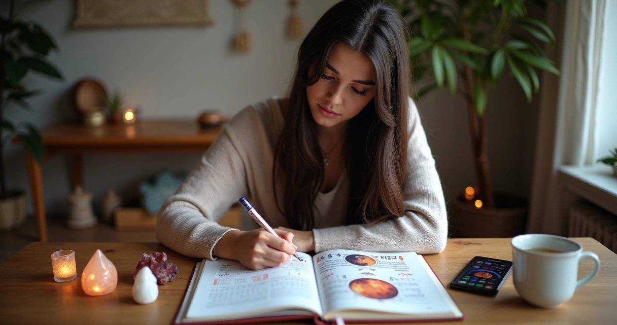 Pessoa jovem analisa um diário lunar com anotações coloridas 