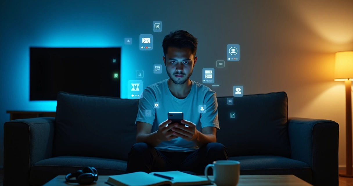 Jovem observa celular cercado por telas desfocadas com notificações brilhantes 