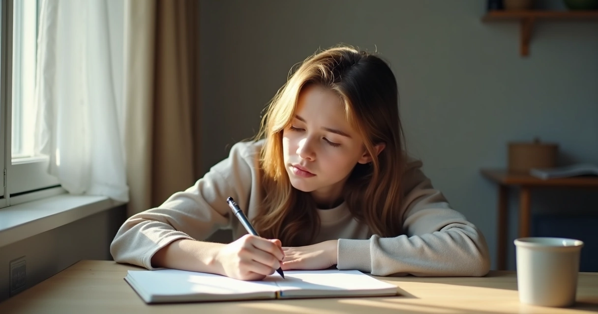 Jovem escrevendo emoções em um caderno na mesa 