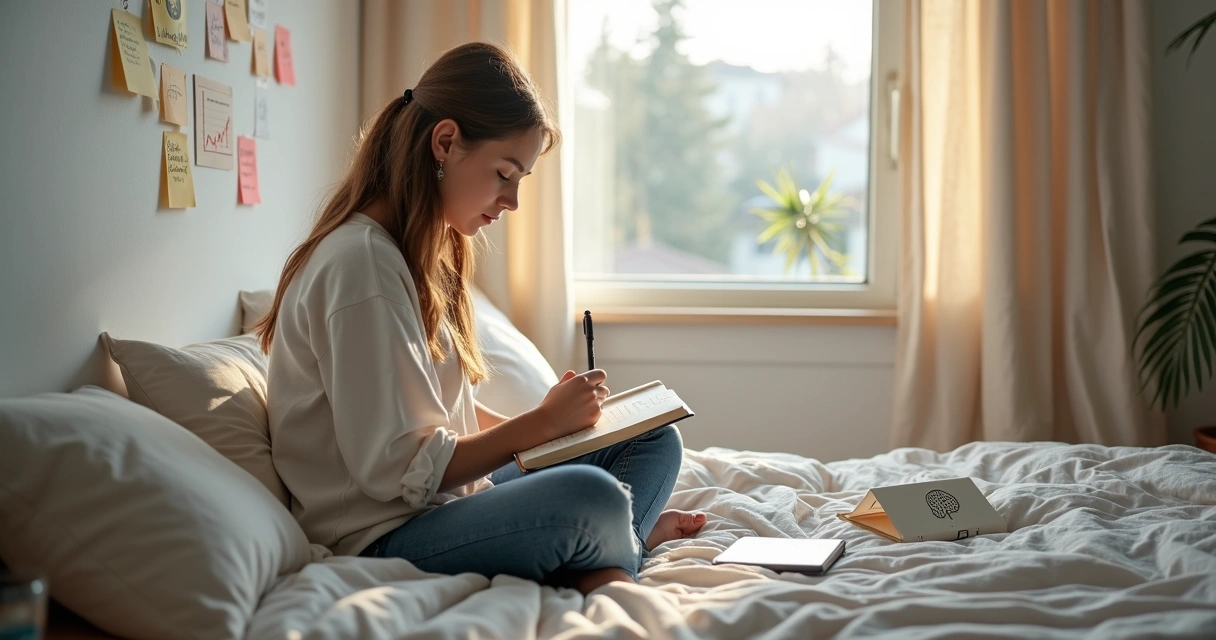 Jovem sentado perto de janela escrevendo em diário de emoções 