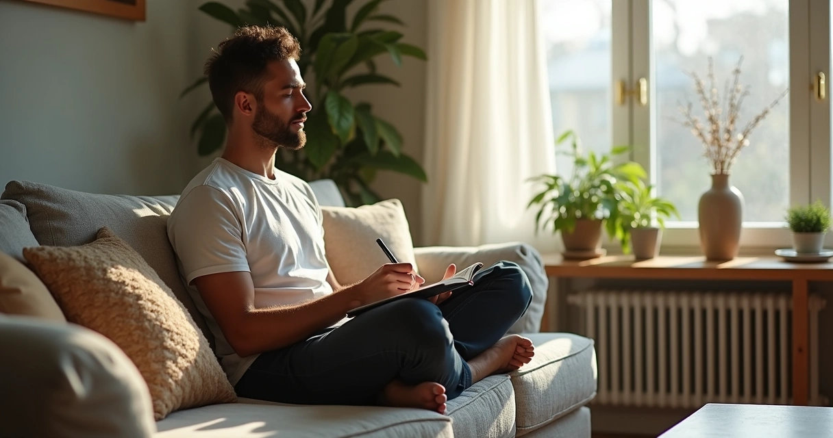 Jovem escreve em caderno após sessão de meditação, ambiente aconchegante 