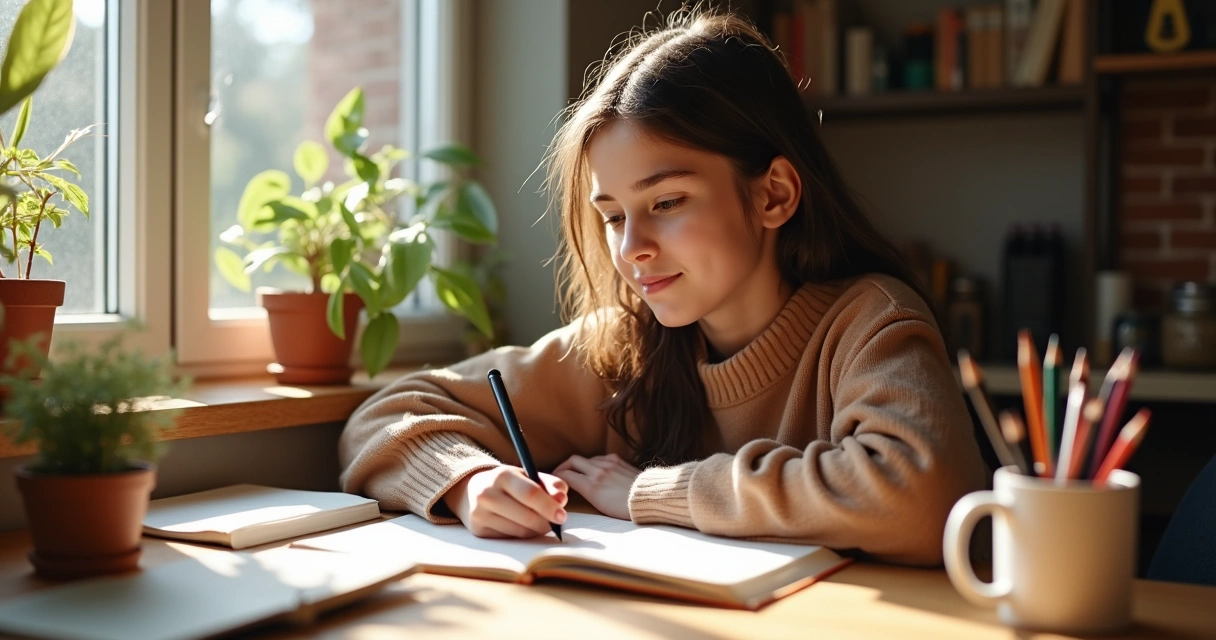 Pessoa escrevendo ideias em bloco de notas com expressão inspirada 