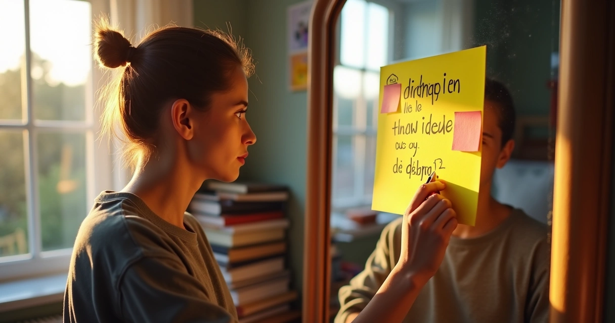 Estudante pensativo colando post-it de recado motivacional no espelho 