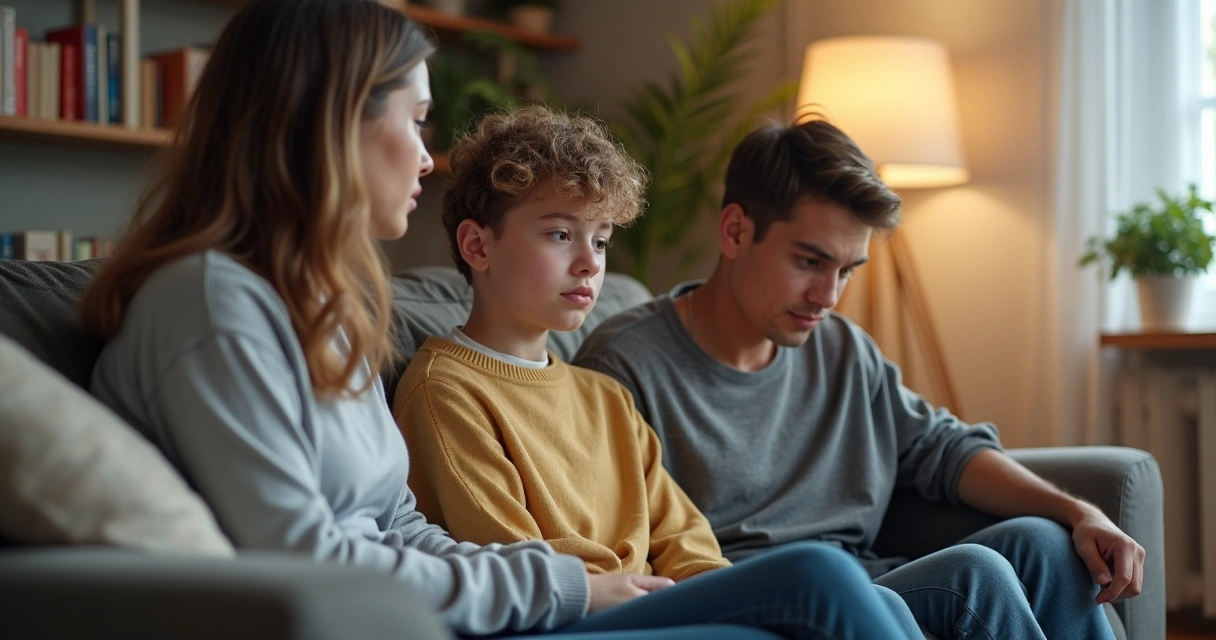 Jovem sentado no sofá sendo consolado por familiares