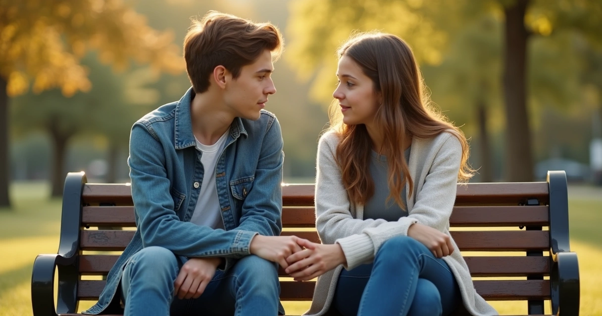 Dois jovens conversando sentados em um banco, um apoiando o outro.
