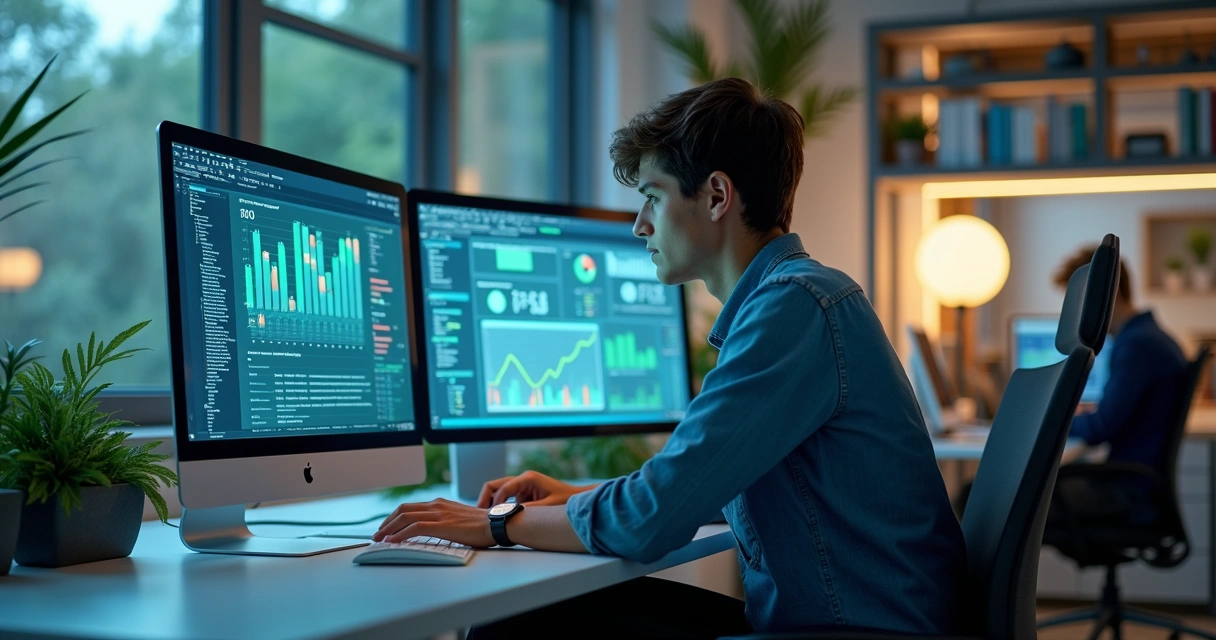 Jovem sentado em frente ao computador aprendendo Excel e Power BI, rodeado de gráficos digitais 