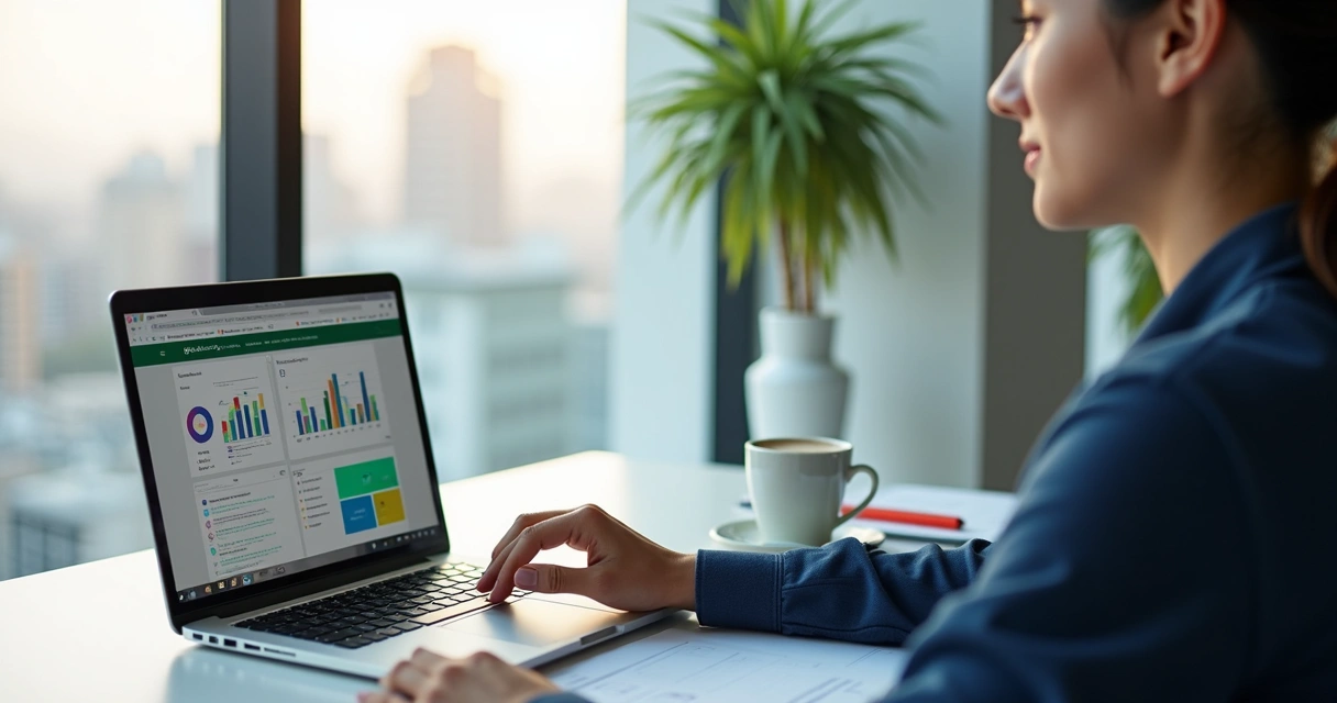 Jovem profissional usando notebook com telas de Excel, Power BI e PowerPoint abertas 