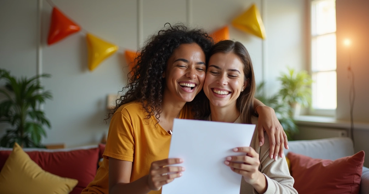 Jovem aprovada em vestibular abraçando sua mãe emocionada